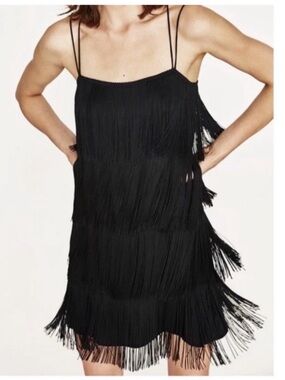 Zara Black Fringe Flapper Mini Dress XS Tiered Party 1920s Gatsby Roaring 20s